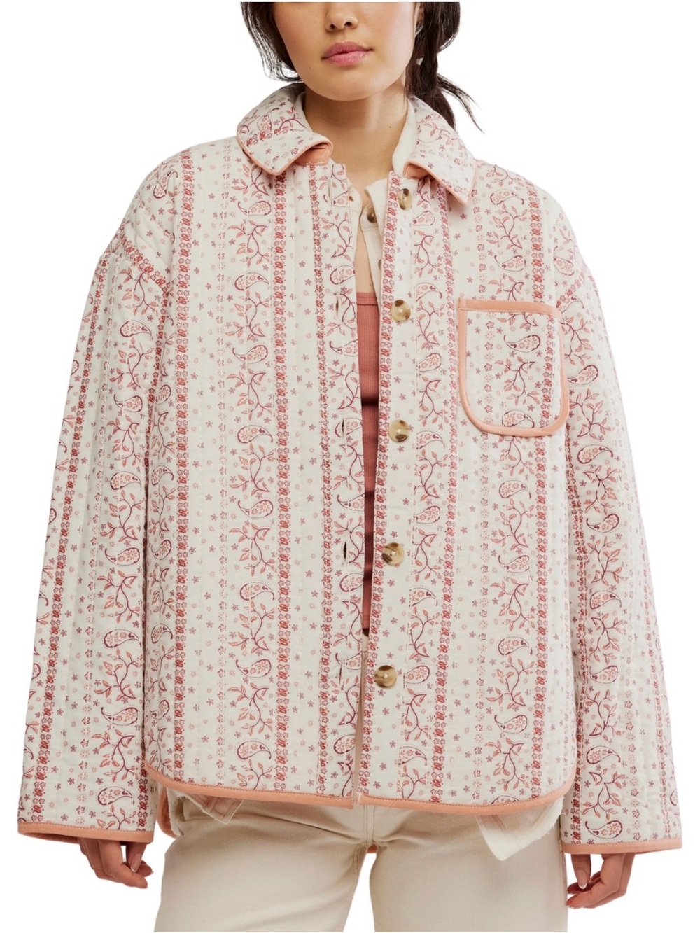 Free People Quilted Cream Jacket with Dusty Rose Trim
